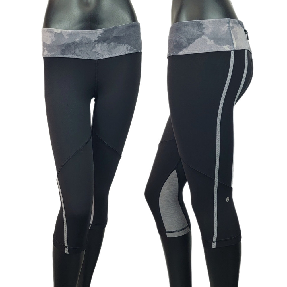 Lululemon Run For It Crop Legging 16" Black White Coal Tinted Canvas Size 4